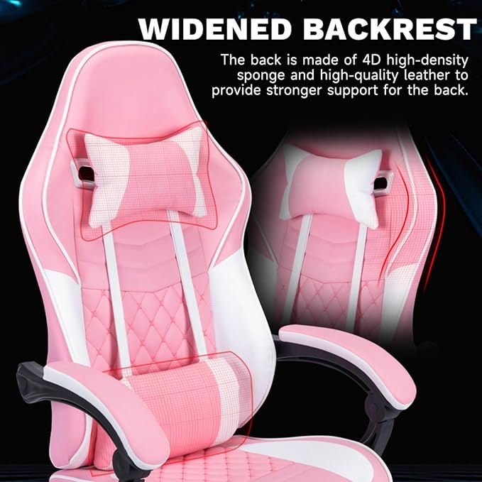 Ergonomic Video Gamer ChairsComputer Gaming Chairs with Massage Lumbar Support and footrestRacing Style Computer Chair Adjustable Headrest for Adults (Pink+White)