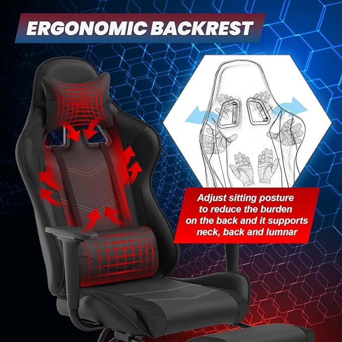 PC Gaming Chair with Footrest Ergonomic Home Office Chair with Lumbar Support &amp Headrest Pillow Height Adjustable Swivel Recliner Racing Computer Video Game Chairs Black
