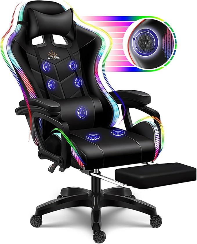 Gaming Chair Computer Chair with Footrest and Lumbar Support Height Adjustable Game Chair with 360° Swivel Seat and Headrest for Office&ampGaming Office Chair with Bluetooth Speakers&ampLED RG