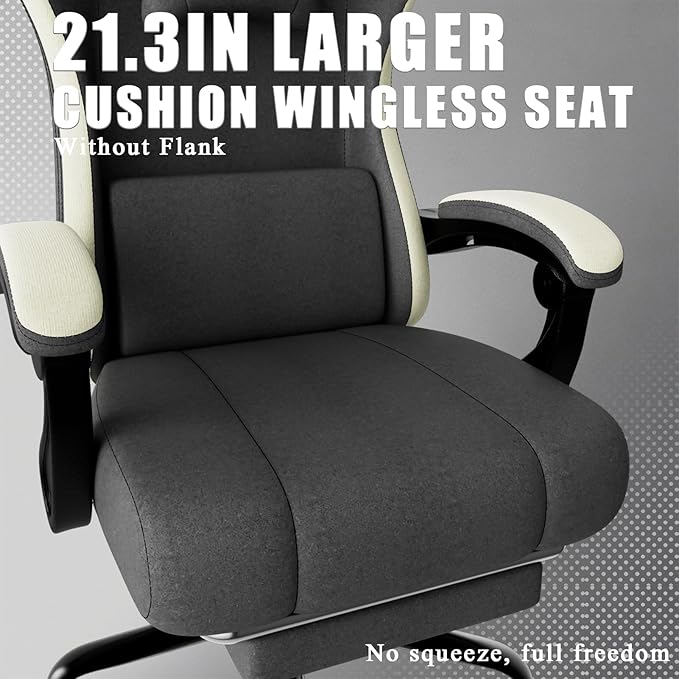 Gaming Chair High Back Fabric Computer Chair with Pocketed Spring Cushion and Footrest Height Adjustable Game Chair with Headrest and Lumbar Support (Beige &amp Gray)