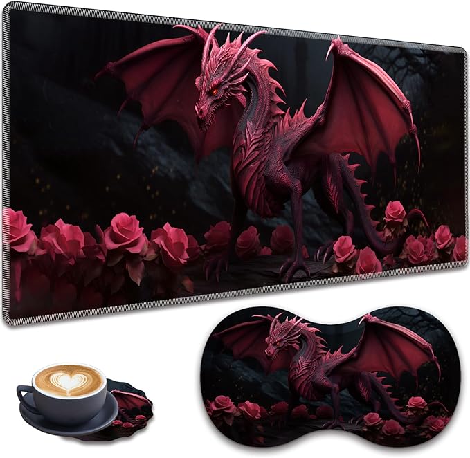 Mouse Pad Set Large Gaming Mouse Pad (31.5X 11.8 inches)+ Wrist Rest Pad + Coaster Ergonomic Wrist pad Home Office Desk Accessories Decor Supplies Rose Dragon