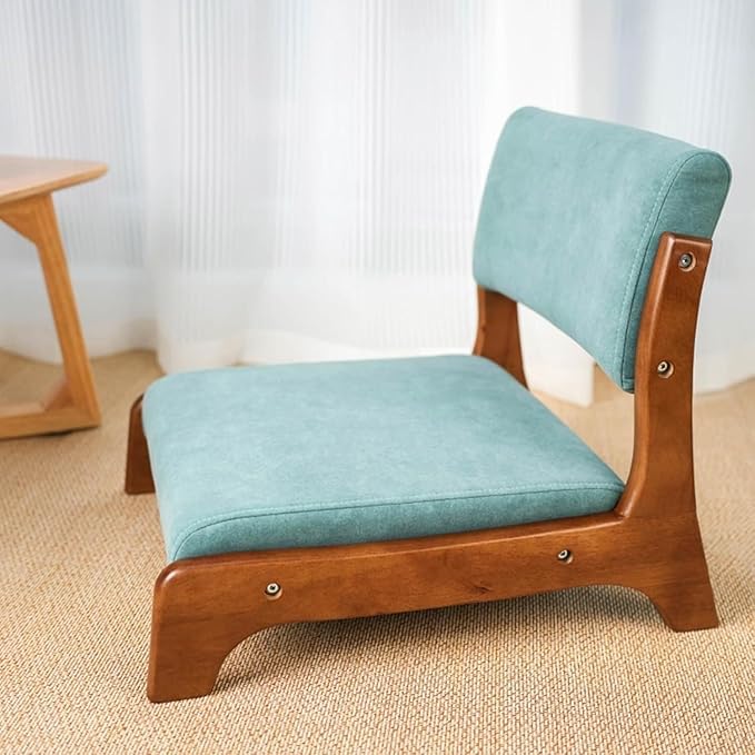 BTZHY Floor Chair Wooden Tatami Chair Floor Chair with Upholstery Lazy Susan Meditation Floor Seat for Bay Window Living Room Bedroom(Blue FleeceWalnut)