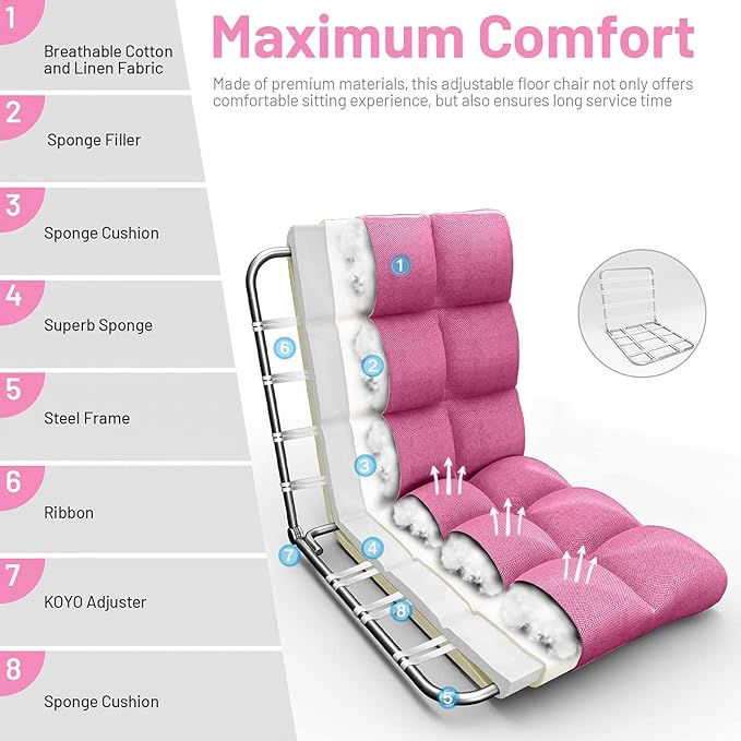 GORELAX Floor Chair with Back Support 14-Poistion Adjustable Folding Gaming Chair Recliner Meditation Chair with Steel Frame Padded Lazy Sofa Chair for Adults Kids (Pink)