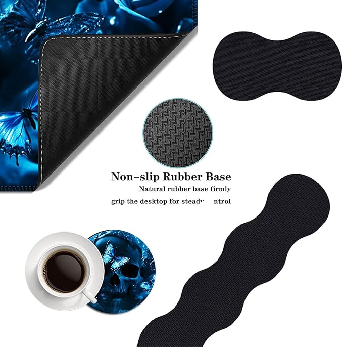Mouse PadLarge Desk Mat Set 4in1 XL Mousepad + Keyboard Wrist Rest+Mouse Wrist Rest+Coaster with Ergonomic Desk Pad for Home Office Table Computer Cover -Skull with Butterflies and Roses