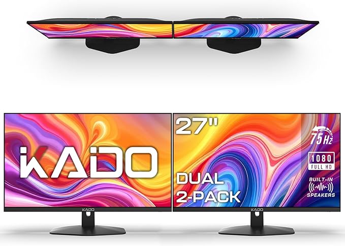Kado Dual Monitor Setup - 2-Pack 27 1920x1080 Computer Monitor 75Hz VESA Mount HDMI Office Gaming Hybrid Built-in Speakers (E27 Dual Series)