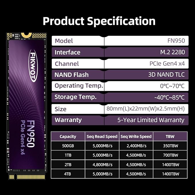 FN950 2TB NVMe SSD PCIe Gen4x4 M.2 2280Read Up to 4800MB/s Configure SLC Cache Internal Solid State Drive for PS5 Laptop Desktop