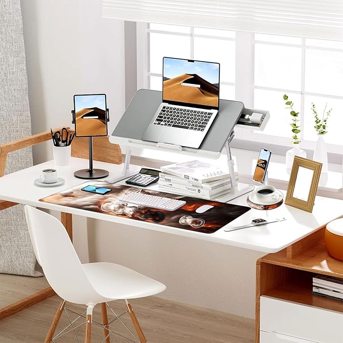 Keyboard Mouse Pad Set Extended Gaming Mouse Pad+Ergonomics Keyboard Wrist Rest Support Memory Foam Easy Typing Pain Relief 4Pcs XL Ultra Thick Desk MatFlaming White Wolf Art