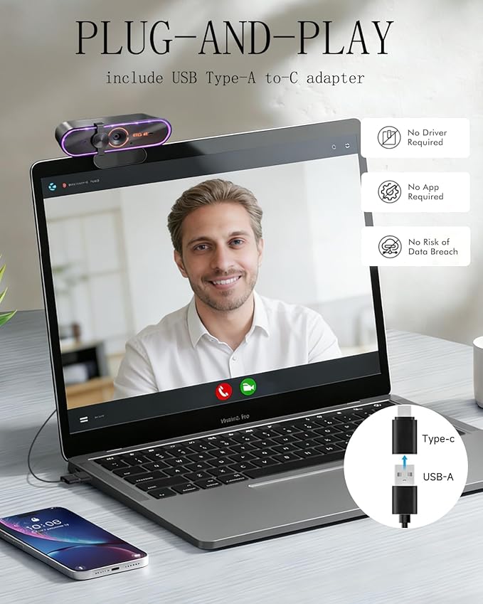 4K Webcam for ASUS ROG Swift PG278QR Monitorwith Microphone&amp Privacy Cover &amp Plug&ampPlayWorks Zoom/Teams/Skype/Google Meet