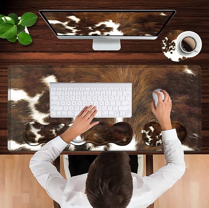 Gaming Mouse Pad XXL Large Desk Cute Mat Brown Cowhide Extended Mousepad Ergonomic Memory Foam Keyboard Wrist Rest Stitched Edges Desk Pad(31.5x11.8 in) Extended Large Mousepads