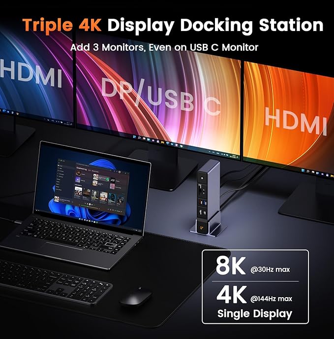 TobenONE USB C Docking Station 3 Monitors 18-in-1 Triple 4K Display 150W Power Adapter with 20W Fast Charging 8 USB Ports up to 10Gbps 2 HDMI/DP/USB C for Windows/Chrome OS