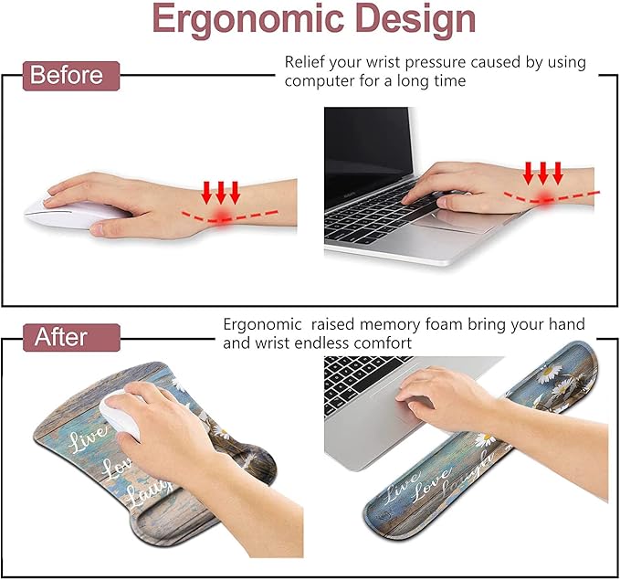 Mouse Pad for Women Keyboard Wrist Rest Relieves FatigueWhite Daisy Flowers on Wooden Ergonomic Gel Mouse Pad Non-Slip and Durable Memory Foam Keyboard Wrist Rest Suitable for Office Typing