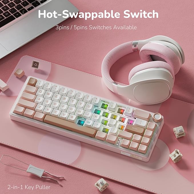 RK ROYAL KLUDGE R65 Wired Mechanical Keyboard with Volume Knob 60% Percent RGB Backlit Gasket Mount Gaming Keyboard with PBT Keycaps MDA Profile QMK/VIA 66 Keys Hot Swappable Cream Switch Pink