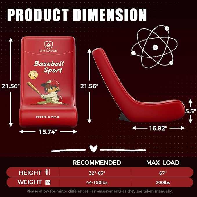 GTPLAYER Gaming Floor Rocking Chair – Rocker Floor Game Chair with Angle Limiter Stylish Patterned Design Comfortable Video Game Seat Red Baseball Pattern