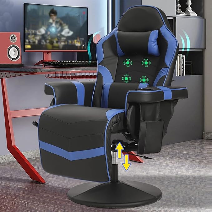 LVUYOYO Reclining Gaming Chair Massage Gaming Chairs for Adults High Back PU Leather Game Recliner w/Adjustable Height Swivel Game Chair with Lumbar Support Cup Holder Headrest