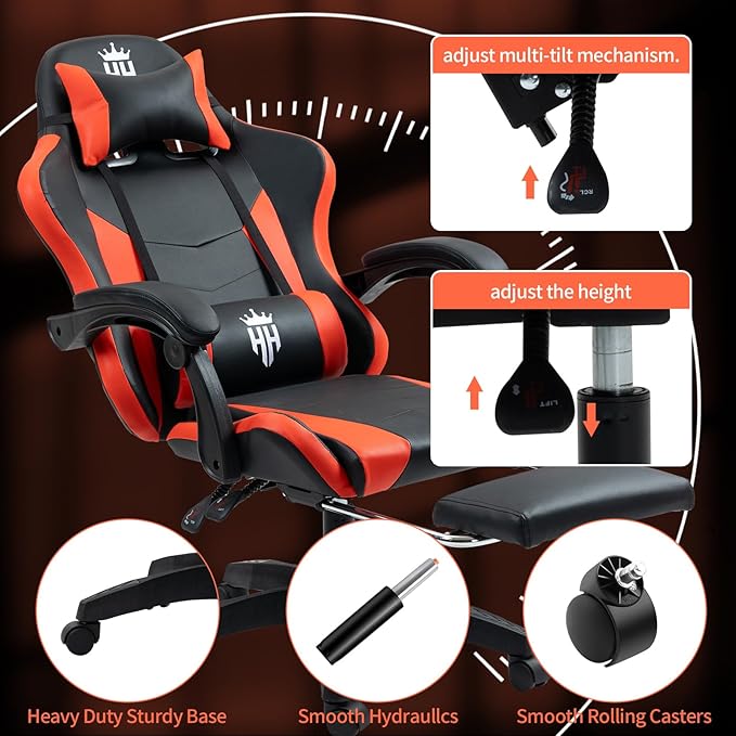 Gaming Chair with Footrest Ergonomic Computer Chair for Adult Adjustable Headrest Lumbar Pillow Large Size Reclining Gaming Chair Big and Tall with Linkage Armrest for Home Office Gaming