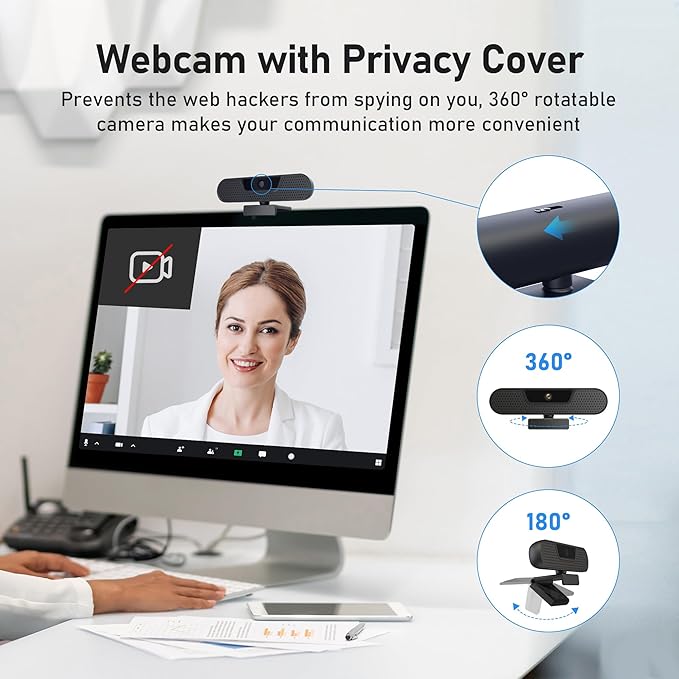 saylas 4K Webcam with 4 Noise Cancellation Microphone W8GS Web Cam Privacy Cover 85° FOV Plug &amp Play Web Streaming Camera for Computer USB Webcam for Pc Laptop Desktop Mac