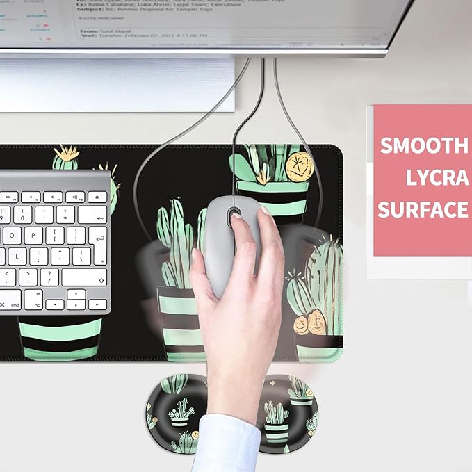 Mouse PadLarge Desk Mat Set 4in1 XL Mousepad + Keyboard Wrist Rest+Mouse Wrist Rest+Coaster with Ergonomic Desk Pad for Home Office Table Computer Cover -Cactus Pattern