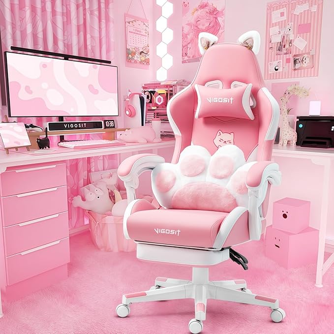 Cat Ears Gaming Chair - Pink PU Leather Ergonomic Reclining Office Chair with Footrest 310lb Capacity 6-Position Recline 360° Swivel