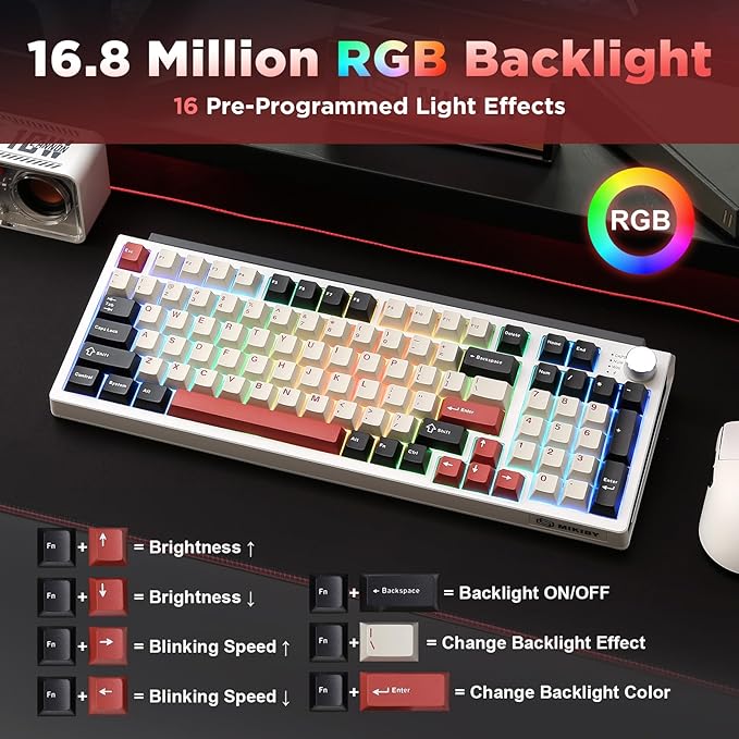 K98 Wireless Mechanical KeyboardTri-Mode BT5.0/2.4GHz/USB-C Hot Swappable Custom KeyboardGasket StructureRGB Backlit Gaming Keyboard for Win &amp Mac(White&ampRedMilk-V2 Switch)