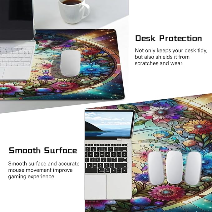 Color Glass Flower Bird Large Mouse Pad Gaming Mousepad Desk Mat for Desktop Computer Keyboard Waterproof Mouse Mat Desk Pad with Non-Slip Base for Game School Office Home 35.4 x 15.7