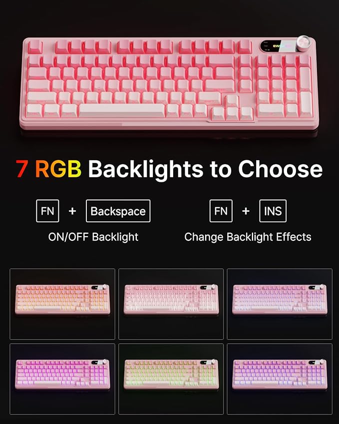 V102 Wired Keyboard 98 Keys Creamy Gaming Keyboard with Number Pad Display Screen &amp Media Knob RGB Silent Wired Cute Computer Keyboard for Laptop PC Gamer - Gradient Pink