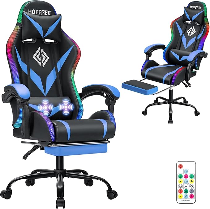HOFFREE Gaming Chair with LED RGB Lights Massage Video Gamer Chairs with Footrest Ergonomic High Back Reclining Computer Chair with Adjustable Lumbar Support Blue and Black