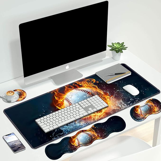 4 in 1 Ergonomic Keyboard Wrist Rest &amp Mouse Pad Wrist Rest Set Large XXL Gaming Desk Mat 31.5x 11.8 with Non-Slip Base Memory Foam for Home Office Study Gaming Burning Baseball Fire and Wate