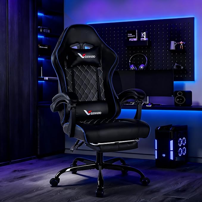 Blue Gaming Chair for Adults with Footrest and Lumbar Support Height Adjustable Office Chair with 360°-Swivel Seat and Headrest for Office or Gaming Comfortable Executive Office Chair