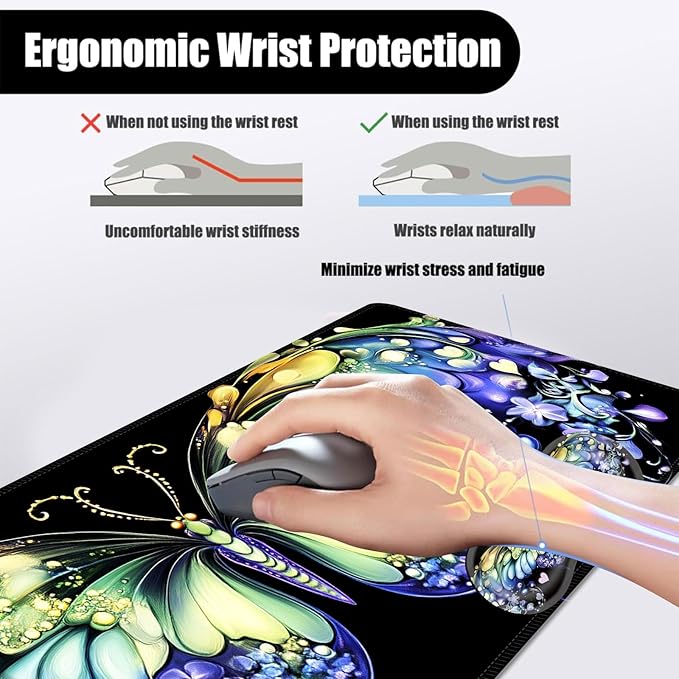 Mouse PadLarge Desk Mat Set 4in1 XL Mousepad + Keyboard Wrist Rest+Mouse Wrist Rest+Coaster with Ergonomic Desk Pad for Home Office Table Computer Cover -Fantasy Butterfly