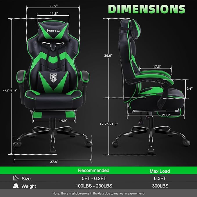 Vonesse Gaming Chair High Back Gaming Chair with Footrest and Massage Gaming Chairs for Adults with Pocket Spring Cushion Big and Tall Reclining Computer Chair with Lumbar Support (Green/Black)