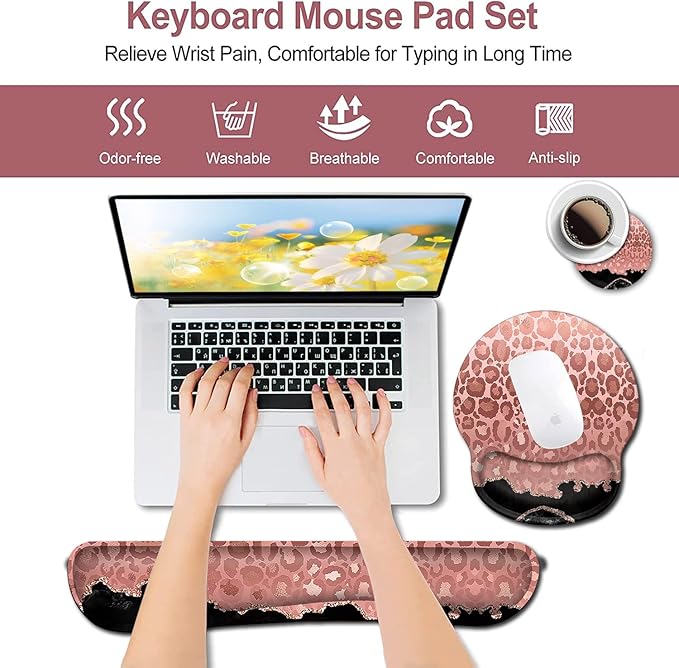 Ladies Desktop Mouse Pad with Wristband Soft Memory Foam Keyboard Wrist Rest Ergonomic Mouse Pad Coaster Keyboard Mousepad SetFashion Rose Gold Leopard Pattern and Black Marble Design