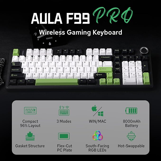 MechLands Aula F99 PRO 96% Mechanical Gaming Keyboard BT5.0/USB-C/2.4GHz Wireless Hot Swappable Gasket Custom Keyboard with 8000mAH Battery Rotary Knob RGB Backlit for Win/Mac (Black Green)