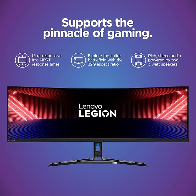 Lenovo Legion R45w-30 Gaming Monitor 44.5” 32:9 Curved DualQHD Resolution 170Hz Refresh 1ms MPRT AMD FreeSync Premium Pro HDR400 KVM USB-C RJ45 Lift/Tilt/Swivel Stand 450 nits Black