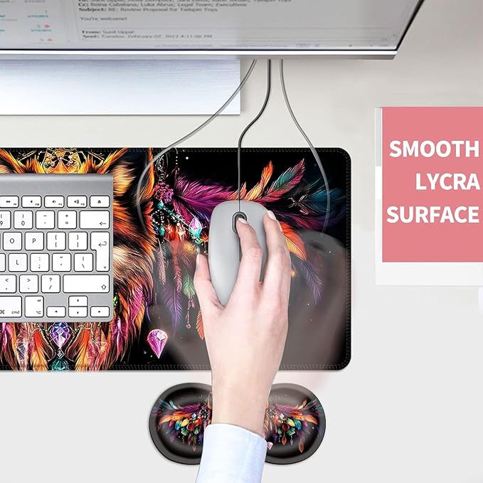 Mouse PadLarge Desk Mat Set 4in1 XL Mousepad + Keyboard Wrist Rest+Mouse Wrist Rest+Coaster with Ergonomic Desk Pad for Home Office Table Computer Cover -Wolf with Feathers