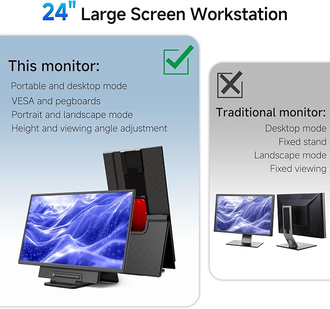 Large Portable Monitor 24 inch - 1080P FHD 100Hz Travel Monitor 125% sRGB IPS Laptop Screen Extender VESA Compatible Height Adjustable Detachable Stand with USB-C HDMI for Work Gaming Office Home