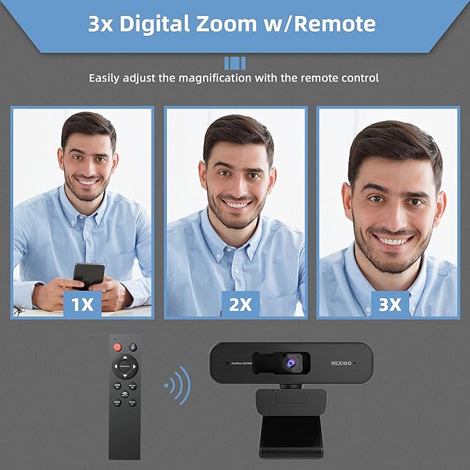 NexiGo N940P 2K Zoomable Webcam with Remote and Software Controls Sony Sensor 1080P@60FPS 3X Zoom in Dual Stereo Microphone for Zoom/Skype/Teams/Webex (Black) (Renewed)