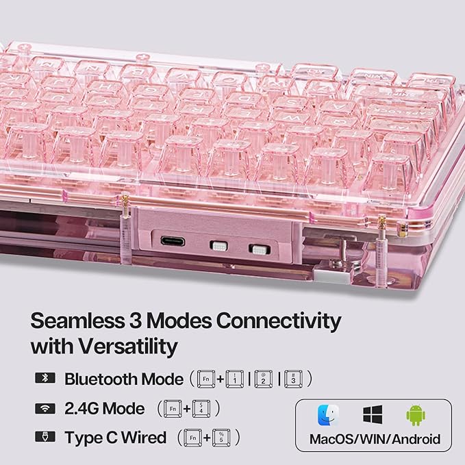 KiiBoom Phantom 81 75% Transparent Mechanical Gaming Keyboard Hot Swappable Custom Gasket Keyboard with RGB Backlit Clear Keycap Rechargeable Battery Triple Mode for Win/Mac (Phantom 81 V2 Pink)