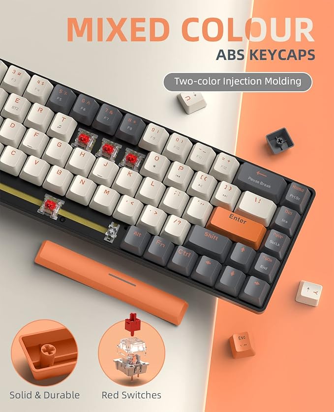 ZIYOU LANG RK68 60% Wireless Mechanical Keyboard Bluetooth 5.0/2.4Ghz Dual Mode 2-in-1 USB-C Receiver Mini Mechanical Keyboard Hot Swappable Red Switch Gaming Keyboard for PC/MAC/Laptops