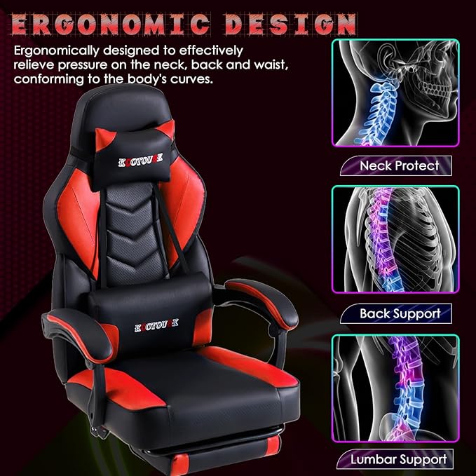 ECOTOUGE Massage Gaming Chair Big and Tall Gaming Chair with Lumbar Support &amp Footrest Ergonomic Gamer Chair with Reclining High Back 360° Swivel Gaming Computer Chair Red