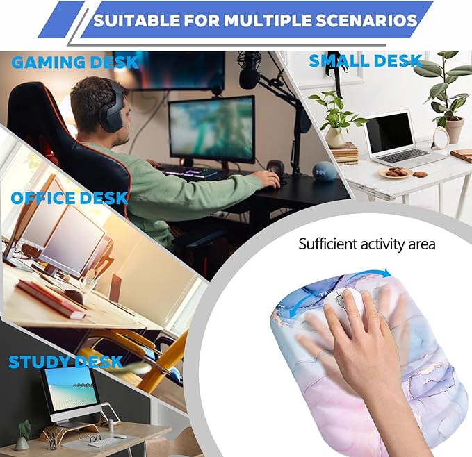 Ergonomic Mouse Pad with Wrist Rest Milk Silk Fabric Durable Silicone Filling Non-Slip Pu Base Massage Design Pain Relief Mousepad for Wireless Mouse and Desk 12x8inch Pink Marble