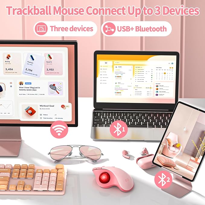 seenda Wireless Trackball Mouse Bluetooth - Ergonomic Rollerball Mouse Rechargeable 3 Device Connection Optical Mice Adjustable DPI Thumb Control Mice Compatible for Mac/Android/Windows - Pink