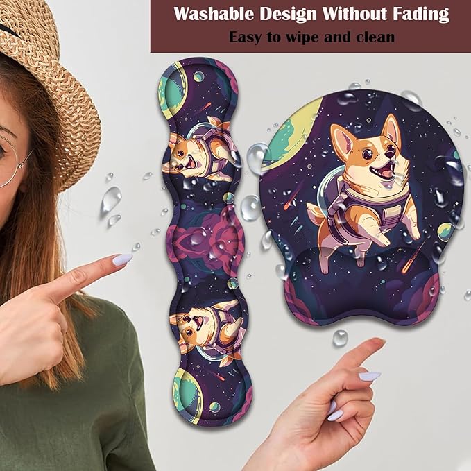 Keyboard Wrist Rest and Mouse Pad Wrist Support with Lace-Shaped Coaster Set Ergonomic Gel Memory Foam and Anti-Slip Base Easy Typing and Pain Relief - Space Corgis