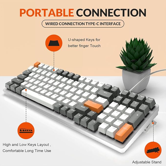 ZIYOU LANG K3 Mechanical Wired Gaming KeyboardLED Rainbow Backlit Linear Red Switch 100 Keys Full Anti-ghostingErgonomic Durable ABS Mixed Color Keycaps with Coiled Type-C to USB Cable-White