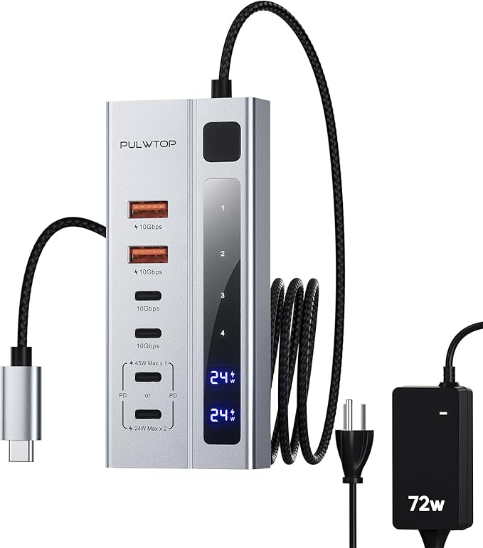 Powered USB C Hub PULWTOP USB Hub Powered Support 10Gbps Data &amp PD 45W Charging Not Support Video 2USB-C 10Gbps Ports 2USB 3.1 10Gbps Ports power adapter for iMac MacBook Pro/AiriPad XPS Ada
