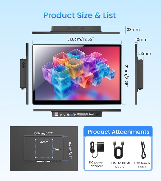 14 inch FHD Portable Touchscreen Monitor with HDMI VGA DVI Ports Compatible with Laptops PC PS5/4 Industrial POS Kiosk Screen Extender 1920×1200 HDR IPS Small Touch Screen Display 500 nits