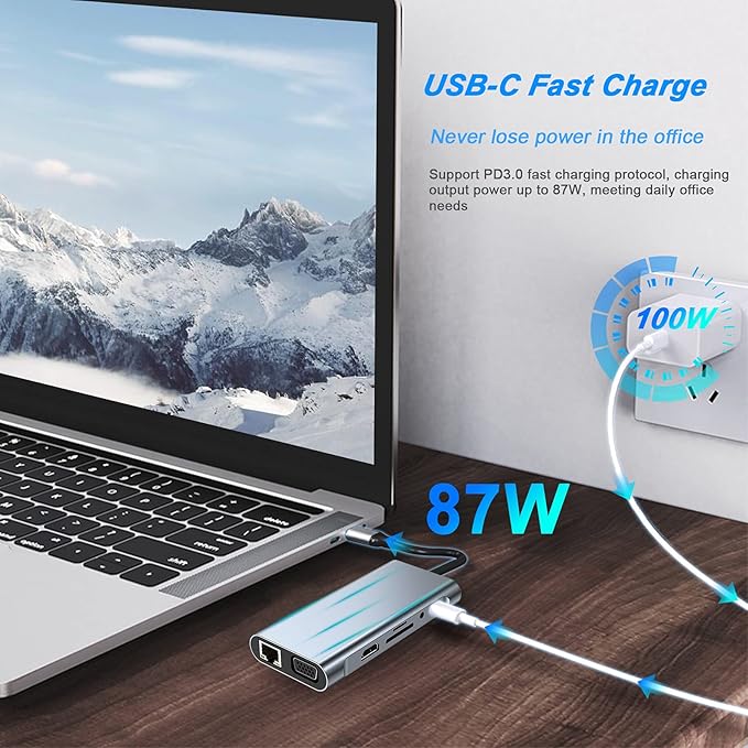 USB C HUB USB C Adapter 11 in 1 Dongle with 4K HDMI VGA Type C PD USB3.0 RJ45 Ethernet SD/TF Card Reader 3.5mm AUX Docking Station Compatible with MacBook Pro/Air Other Type C Laptops
