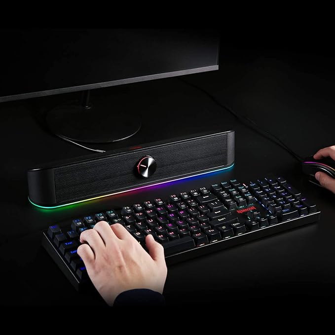 Redragon GS560 RGB Desktop Soundbar 2.0 Channel Computer Speaker with Dynamic Lighting Bar Audio-Light Sync/Display Touch-Control Backlit with Volume Knob USB Powered w/ 3.5mm Cable Black