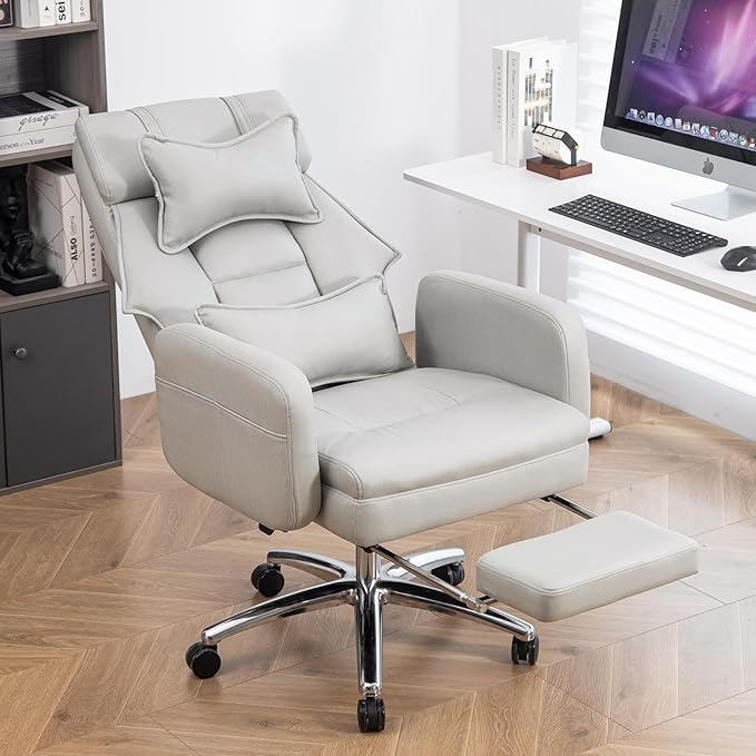 Video Game Desk ChairSwivel Ergonomic Office Chairwith Footrest and Comfy Lumbar SupportPU Leather Recliner with HeadrestFixed Up ArmrestHeight Adjustable with 360°Swivelfor Adults (Light Grey)