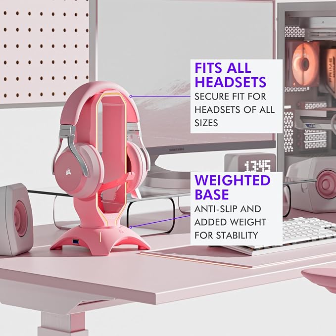 Tilted Nation Cute Headphone Stand Pink | Headset Stand with RGB Mouse Bungee Holder and 2 Port USB Hub Charger - Desk Gaming Accessories