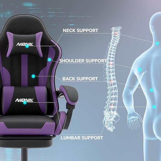 Gaming Chair Ergonomic Computer Chair with Footrest and Lumbar Support Height Adjustable Game Chair with 360°-Swivel Seat and Headrest and for Office or Gaming BLACKPURPLE